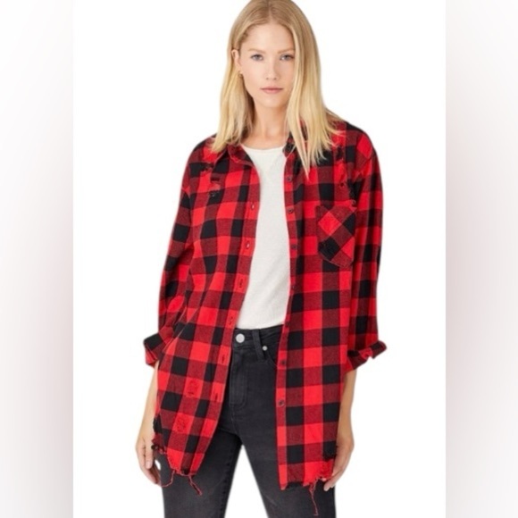 Tops - Red and Black  Distressed Plaid Button-Up Shirt